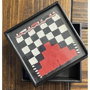 Vintage Navajo Checkerboard Weaving Trinket Box Black White Red Lid Textile Art‎